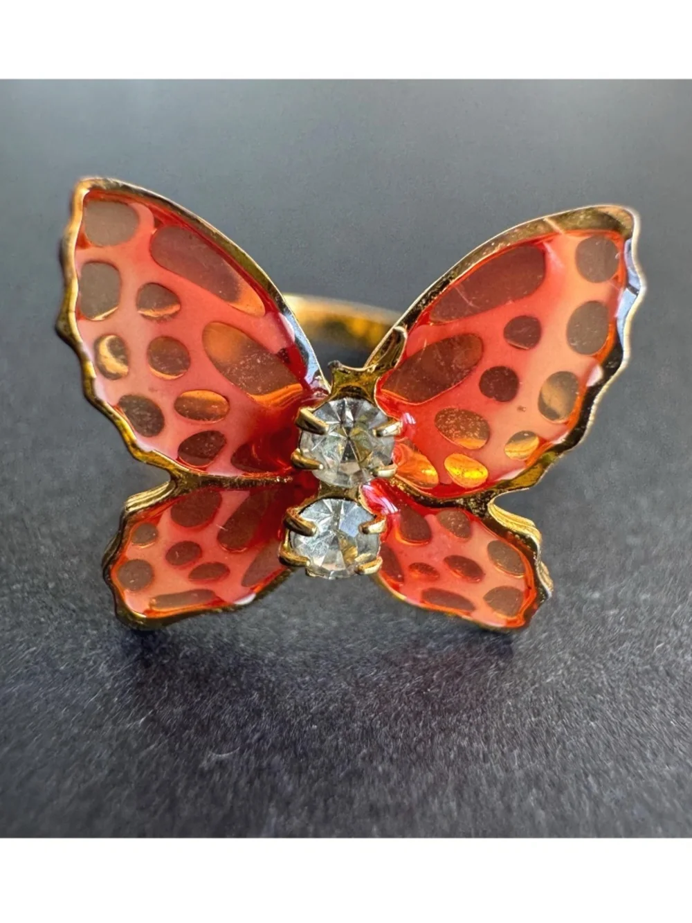 Vintage Glass Butterfly Adjustable Ring Gold Tone Rhinestone Costume Jewelry